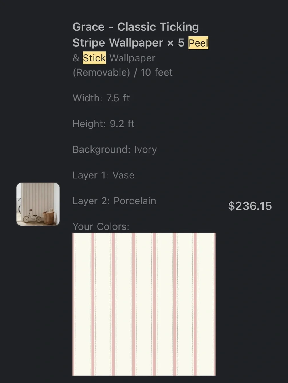 Peel & Stick Wallpaper: Grace Ticking Stripe 7.5’ W x 10’ (75sqft)